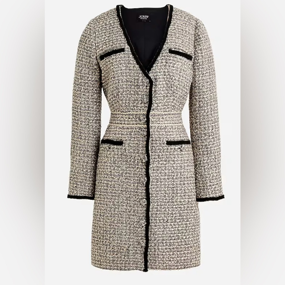 J. Crew Tweed Long-Sleeve Black Trim Shift Dress Coat — Cream & Black
